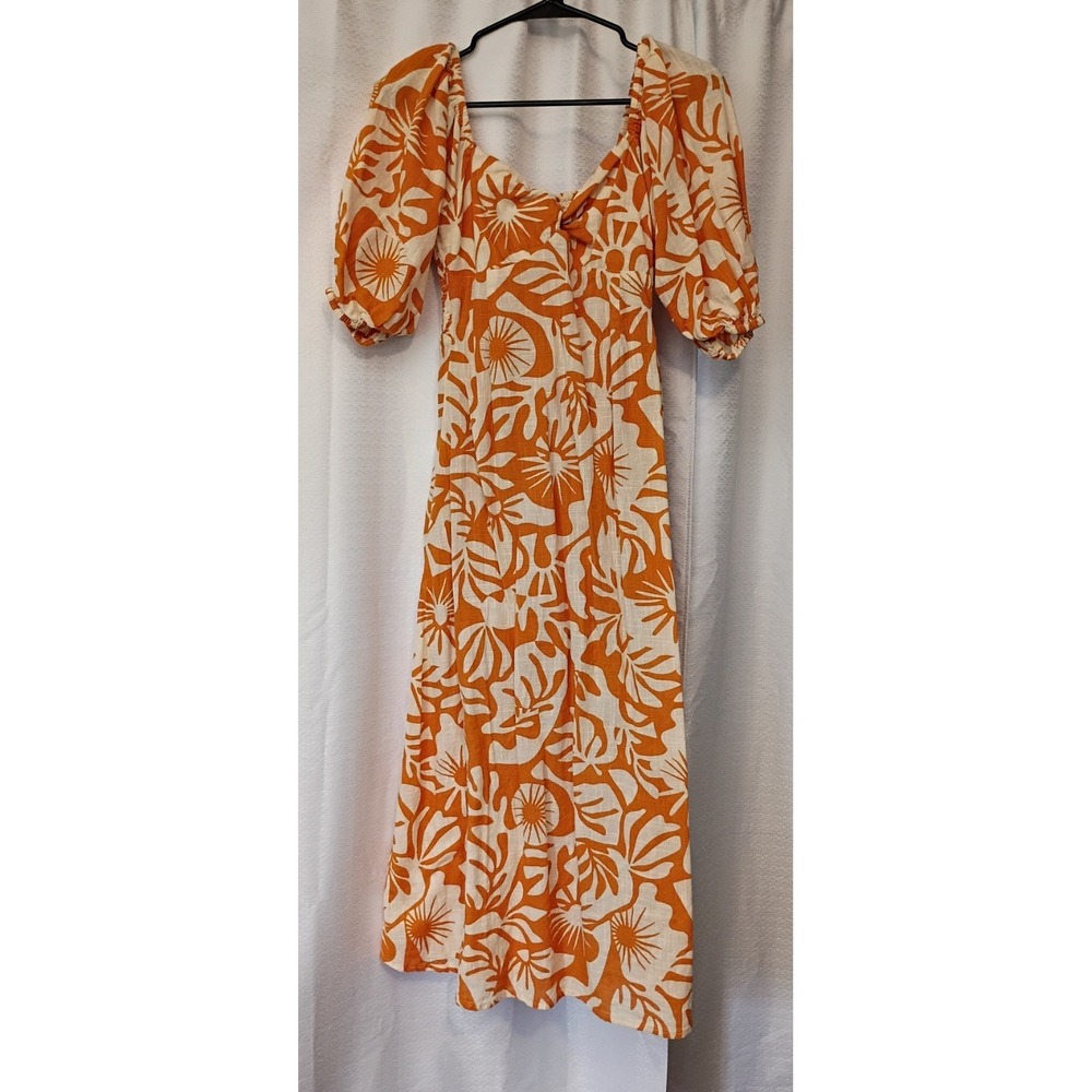 Billabong Tropical Puff Sleeve Midi‎ Dress Women's Medium Orange Cotton
